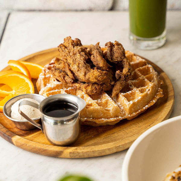 vegan gluten-free chicken and waffles brunch item at Cafe Gratitude